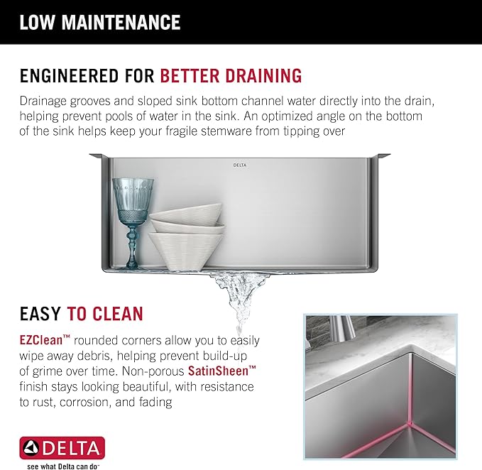 DELTA FAUCET Delta Lenta 23-inch Undermount 16 Gauge Stainless Steel Single Bowl Kitchen Sink with Accessories, 953034-23S-SS, Satin
