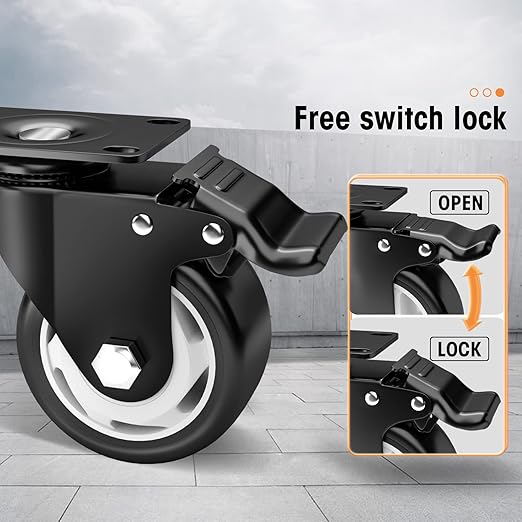 Casters, 4" Caster Wheels，Casters Set of 8 Heavy Duty - ASRINIEY Black Polyurethane Castors, Top Plate Swivel Wheels, 8-Pack Industrial Casters with Brake, Locking Casters for Furniture and Workbench