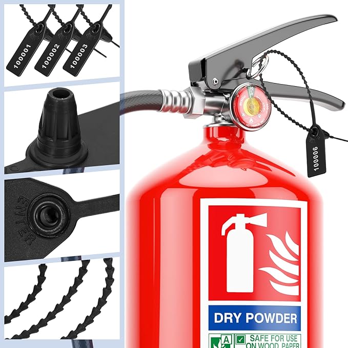 1000 Pcs Plastic Tamper Seals Fire Extinguisher Tags Security Tags Seals Safety Numbered Zip Ties Labels Safety Disposable Self Locking Signage 250 mm Length (Black)