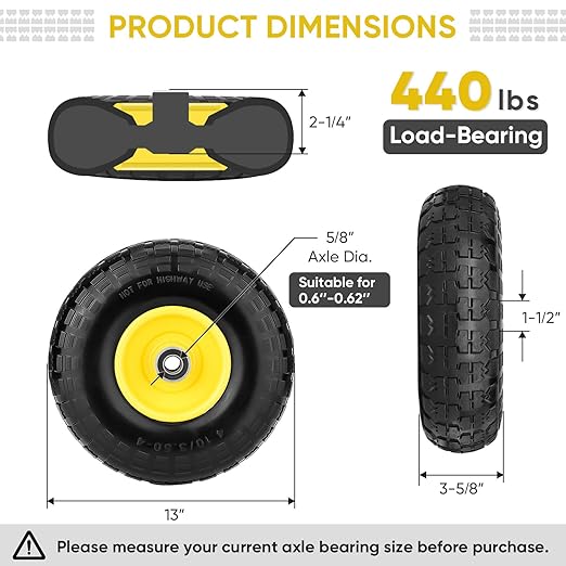 TICONN 4.00-6 Tire and Wheel Flat Free, 2 Pack 13" Solid Tires with 5/8" Axle Bore Hole and Double Sealed Bearings, Perfect for Wheelbarrow, Garden Cart, Wagon, Dolly (Yellow, 2PK)