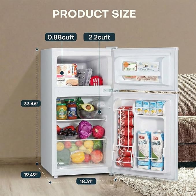 Upstreman 3.1 Cu.Ft Mini Fridge with Freezer, Double Door Small Fridge, Dorm Essentials, Adjustable Thermostat, Energy Saving, Mini Refrigerator for Office, Dorm, Bedroom, White