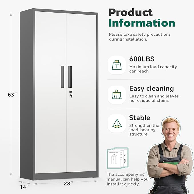 Greenvelly Metal Storage Cabinet, 63" H Locking Metal Storage Cabinet with Doors and 4 Shelves, Lockable Steel Cabinets for Kitchen, Bedroom, Living Room, Office (White Grey)