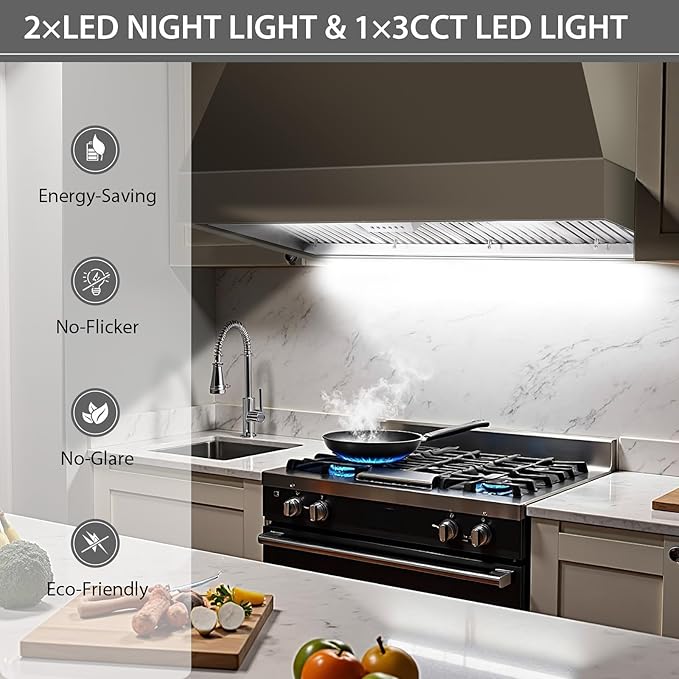 Akicon 54 Inch Range Hood Insert with Heater Sensor, 1200 CFM Ultra-Quiet Stainless Steel Ducted Vent Hood Insert with 4 Speed Fan, Dimmable LED Lights and Dishwasher Safe Filters
