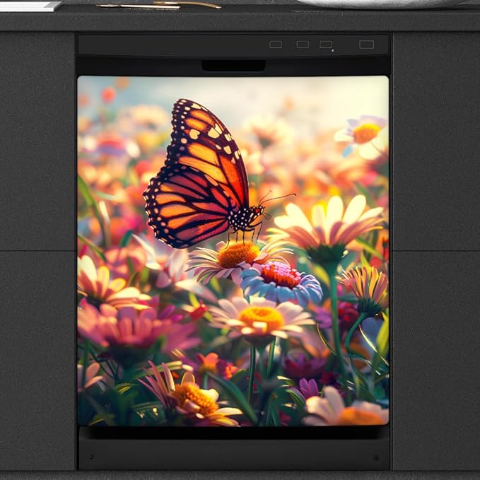 Butterfly Beautiful Flowers Dishwasher Magnet Cover, Reusable Refrigerator Panel Stickers Microwave Front Door Covers Magnets for Kitchen Home Appliances Holiday Party Decorations 23 X 26 in