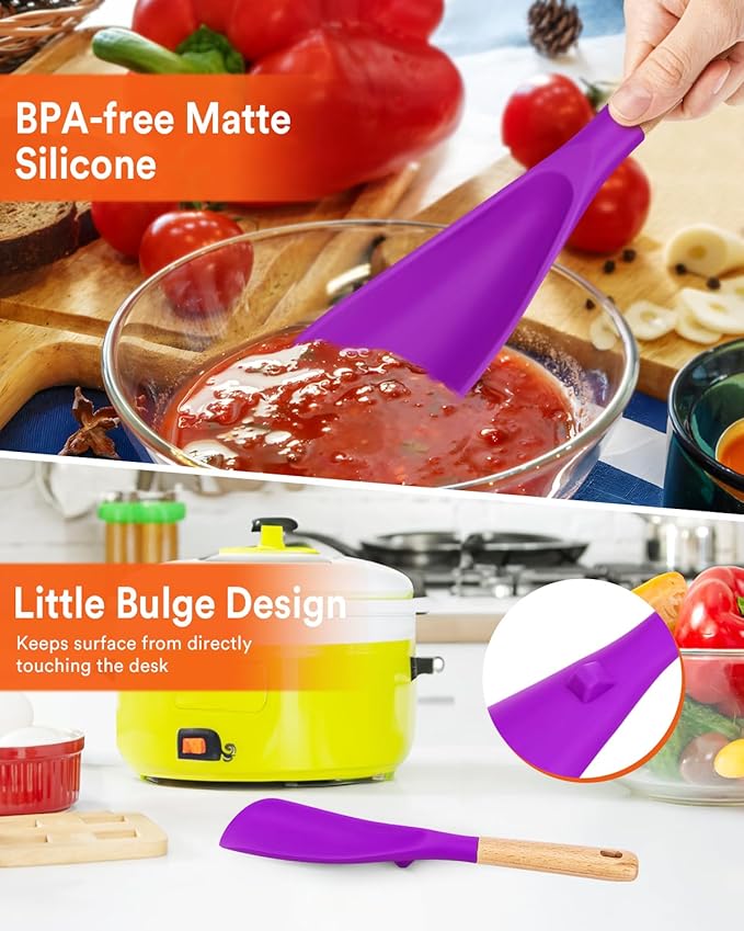 Cooking Spoon for Nonstick Cookwares, Great for Cooking and Serving Sturdy BPA-Free Matte Silicone, Wood Handle Spoon for Mixing, Scoop, and Scrape (BERRY, 11.4 inch)