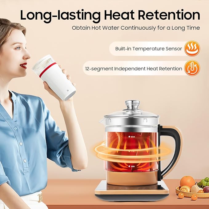 Electric Kettle, 1.8L/0.4Gal Health Pot Electric Tea Kettle with Glass Kettles and Steamed Eggs Holder Smart Fruit Hot Tea Maker with Teas Infuser 18 Cooking Menus Glass Touch Panel