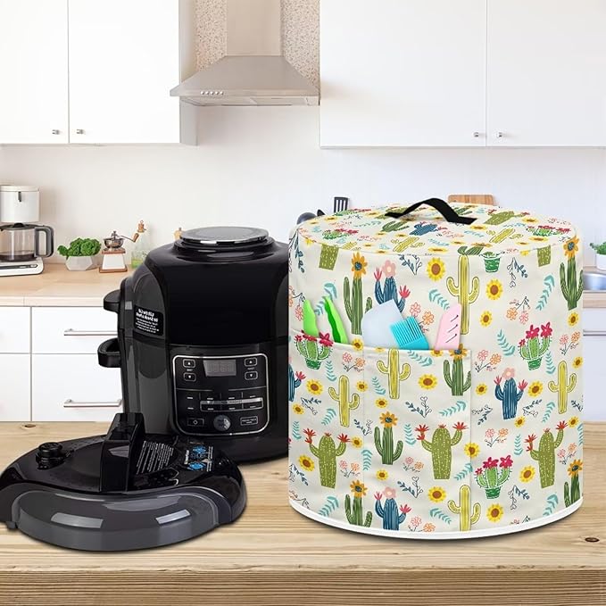 Pressure Cooker Cover with Storage Pocket Compatible with 3 Quart Instant Pot,Cartoon Cactus Print Rice Cooker Air Fryer Accessories, Waterproof Kitchen Appliances Dust Cover