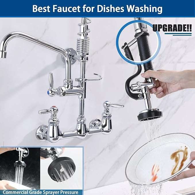 Commercial Sink Faucet with Sprayer, 8 Inch Center Wall Mount Kitchen Faucet with 12” Swing Spout 36” Height Compartment Sink for Restaurant Industrial, Chrome Polished