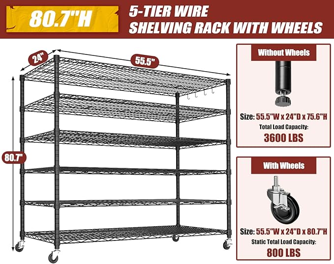 PrimeZone 6 Tier 80.7"H x 55.5"W x 24"D Wire Shelving with Wheels 3600lbs NSF Certified Storage Shelves Heavy Duty Metal Shelf Adjustable Rolling Rack Commercial Garage Restaurant Warehouse Kitchen