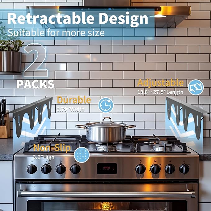 Stainless Steel Stove Gap Cover (2 Pack, Black), Stove Gap Filler for Kitchen, Range Trim Kit, Heat Resistant with Easy Clean, Adjustable Length 13.8” to 27.5”