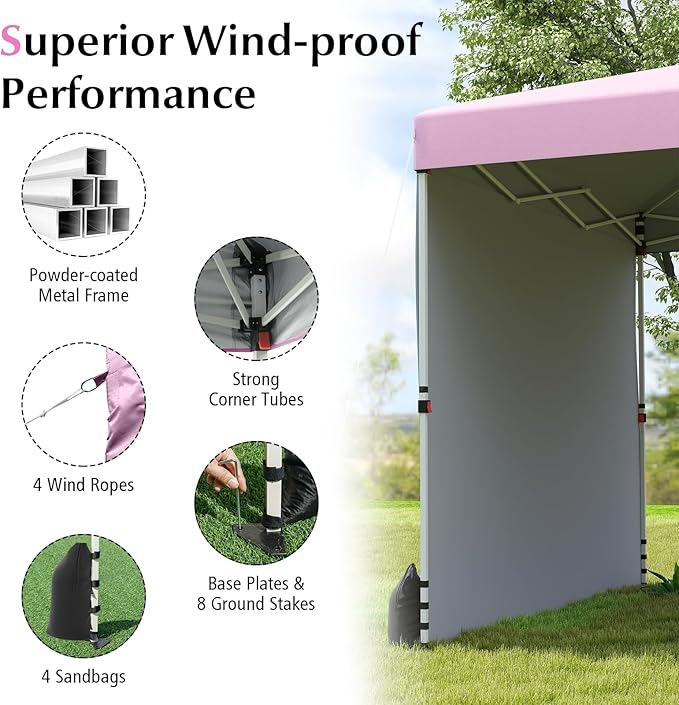 Tangkula 10x10 FT Pop up Canopy with Sidewall, Easy Setup Outdoor Tent with Wheeled Bag, 4 Sandbags, 4 Ropes, 4 Anchors, 8 Stakes, Vented Top, Portable Canopy Tent for Party Event Patio (Pink)