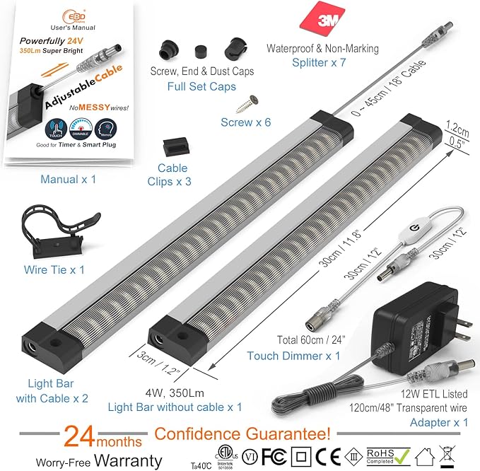 Under Cabinet Lights Built-in ADIUSTABLE Cable LED Light Bar No Messy Wires! Touch Under Counter Lights for Kitchen 3Pcs 6500K Cool White 1350Lm Under Cabinet Lighting Good for Timer Smart Plug