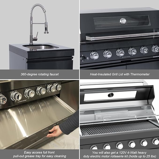 Outdoor Kitchen Island, 82 Inch 6 Burner Gas Grill Combination With Refrigerator and Sink, Outdoor Stainless Steel Barbecue Bar, 85000 BTU Propane Grill for Patios, Gardens, Parties