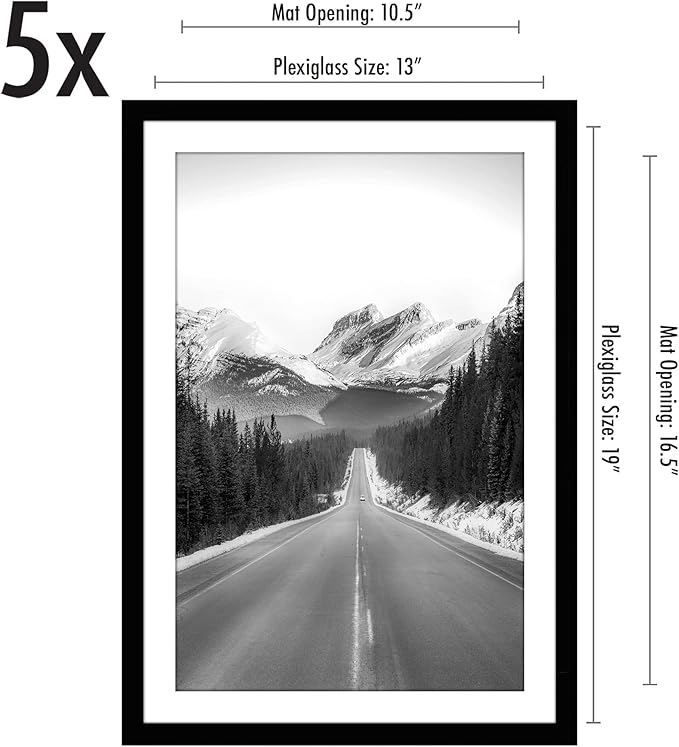 Americanflat 13x19 Picture Frame with Polished Plexiglass - Set of 5 - Use as 11x17 Frame with Mat or Display 13x19 Photo Without Mat - Galleria Collection - Picture Frames for Wall Display - Black