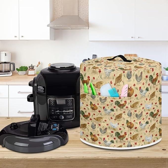 Dust Cover with Pocket for 3 Quart Rice Cooker and Air Fryer, Round Protective Dust-Proof Stain Resistant Electric Appliance Cover Easy to Clean, Chicken