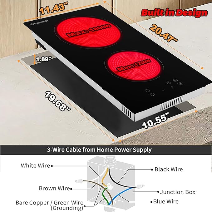 2 burner Electric Cooktop, 12 Inch Built-in Electric Stove Top 3000W, Ceramic cooktop with two Burners 220-240V(No Plug), Child Lock, Timer, 9 Heating Levels, Sensor Touch Control