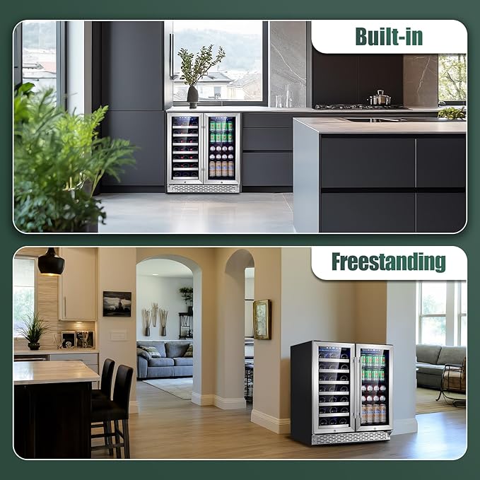 Phiestina Wine and Beverage Refrigerator, 30 inch Dual Zone Wine Fridge with Glass Door 33 Bottles & 100Cans, Built-in or Freestanding Beer Drink Wine Cooler with Blue LED Light