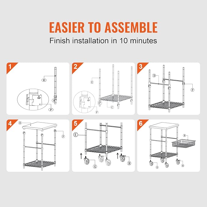 VEVOR Kitchen Utility Cart, 36.6"x20"x24" 3 Tiers Wire Rolling Cart, 470LBS Capacity Steel Service Cart with Brake Wheels, Storage Trolley with 76mm Basket PP Liner 6 Hooks, for Indoor & Outdoor Use