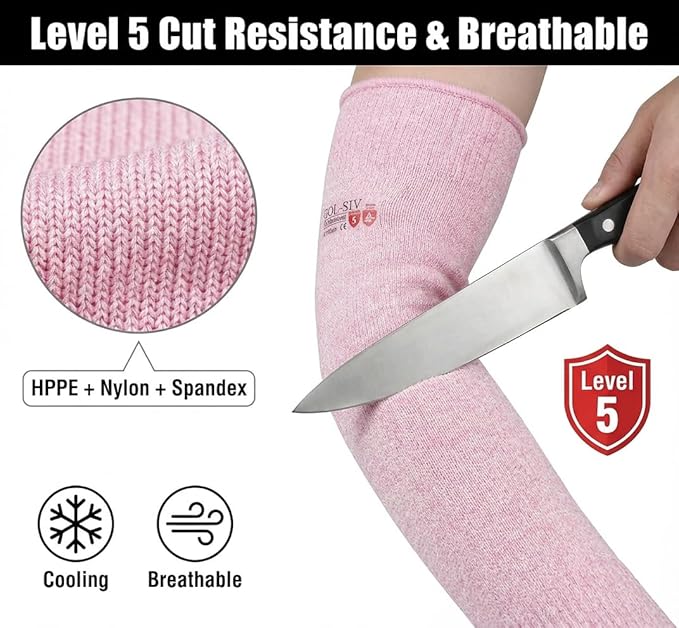 Arm Protectors For Thin Skin And Bruising, Cut Resistant Sleeves For Men Women, A5 Level Pink Arm Sleeve For Gardening (Pink, 17.7 In)