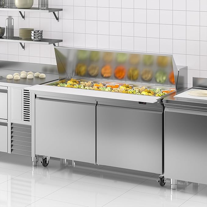 60" W Commercial Refrigerator Sandwich Salad Prep Table, 17.8 Cu.ft 2 Door Commercial Stainless Steel Mega Top Food Prep Fridge with 24 Pans, Salad Prep Station for Restaurant, Bar, Shop