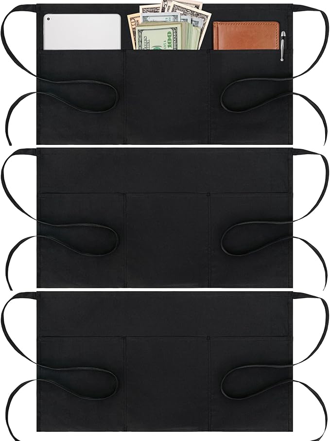 BOHARERS Waist Apron with 3 Pockets - Black Waitress Waiter Server Short Aprons