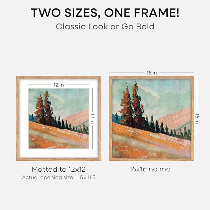 Homeforia 16x16 Picture Wood Frame, High End Natural Oak 16 x 16 Square Light Wooden Frames with Mat 12 by 12 inch Photo, 16by16 Poster Frames Matted to 12x12 Print, Tempered Glass, Wall Kit, Set of 4