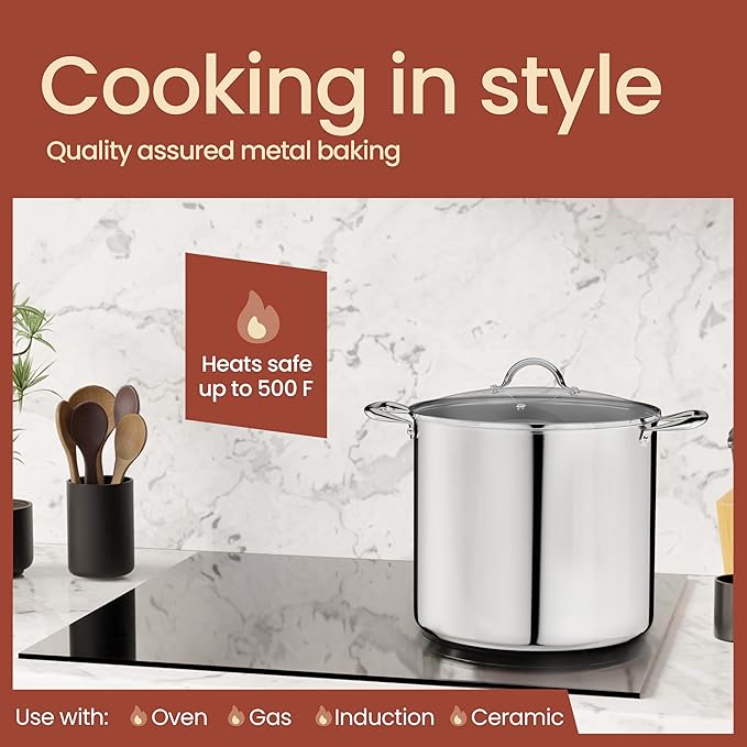 Stainless Steel Stockpot with Tempered Glass Lid 24 Quart, Durable 18/0 Stainless Steel, Impact-Bonded Base for Even Heating, Riveted Handles, Oven & All Stove Compatible, Safe Up To 500°F (260°C)