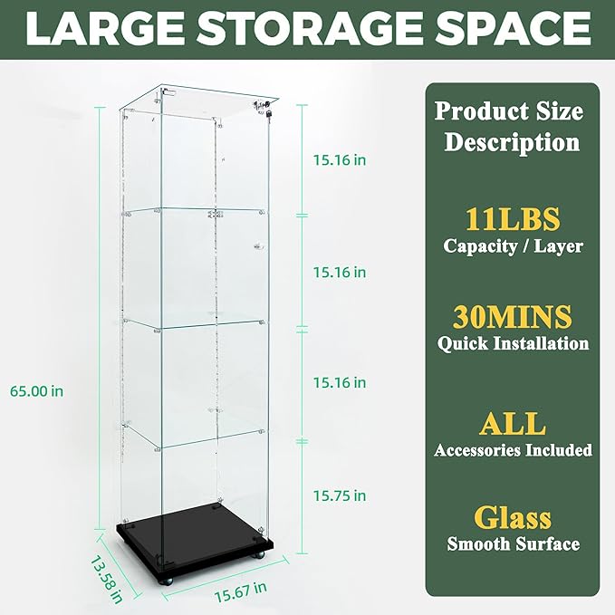 Glass Display Cabinet with LED Light Strip, 4 Shelves with 1 Door, Glass Top Curio Storage Cabinets with Lock & Caster for Living Room, Floor Standing Bookshelf, Quick Installation - Black