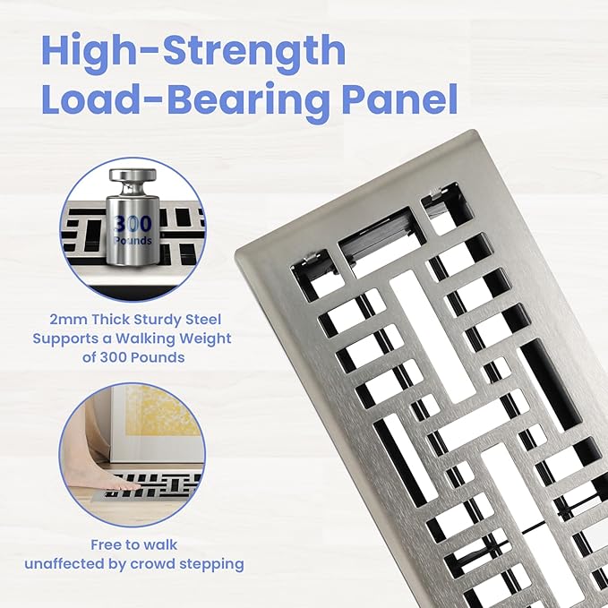 4x14 Inches Heavy Duty Walkable Floor Register Easy Adjust Air Supply Lever Floor Vents - Seattle Design - Vent Cover for Home Floor - Satin Nickel