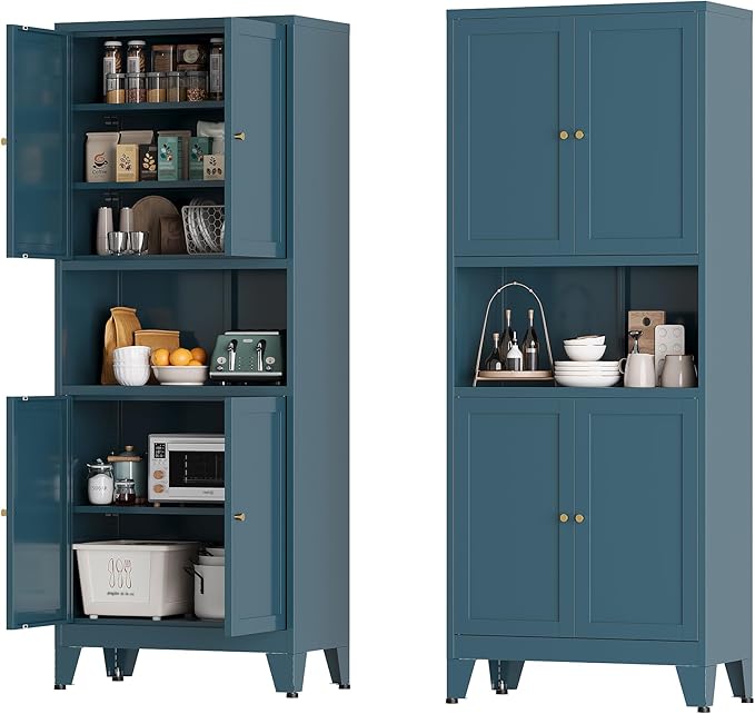 Metal Pantry Cabinet, Tall Kitchen Cabinet with 4 Doors & Adjustable Shelves,69" Blue Freestanding Storage Cabinets with Microwave Stand Cupboard for Living Room,Dining Room,Home