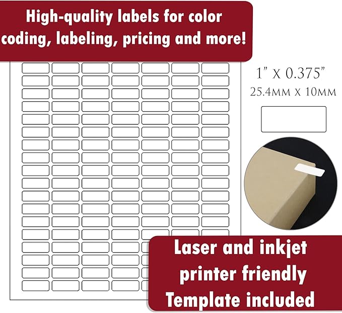 White Printable Labels Sheets + Bonus Color Labels Produce Excellent Results with Standard Laser Printer-Template Included! White Rectangular Stickers (1" x 0.375") - 7850 Pack