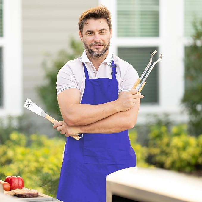 Adjustable Bib Apron 100% Polyester Kitchen Aprons Waterdrop Resistant Aprons with Adjustable Strap, Pockets & Long Ties