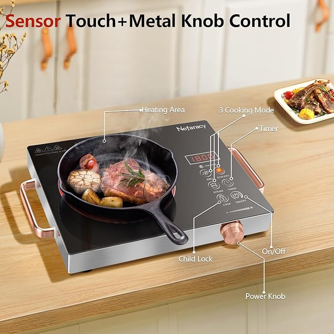 Single Burner Electric Cooktop 110V, Nefaracy Portable Electrical Stove 1800W Electric Burner Portable with Handle Touch Control & Knob Control, Timer, Safety Lock(Plug in)