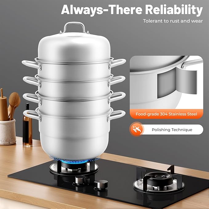 Steamer 32.5cm/12.8in, 5-tier Stainless Steel Steam Cooker w/Visual Lid & Handles, Home Round Stackable Multipurpose Steam Pot for All Stoves (1xBottom Pot, 3xSteaming Baskets, 2xSteaming Slices)