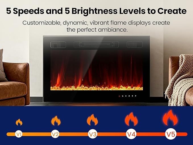 Electric Fireplace Insert 36" Realsmart 1500W Wall Mounted Fireplaces Recessed Heaters Remote Control Slim Black Fireplace Touch Screen Timer 12 Flame Colors LED Decor Low Noise