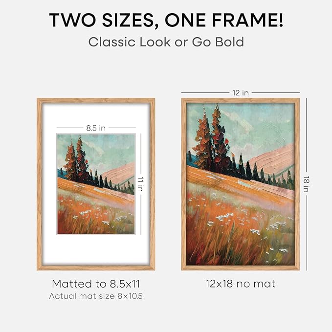 Homeforia 12x17 Picture Frame Natural Wood, High End Oak 12x17 Light Wooden Poster Frame with Mat 10x15, 12 x 17 Frames Matted to 10 x 15 Photo, 17x12 Hanging Frame, Tempered Glass, Wall Kit, Set of 1