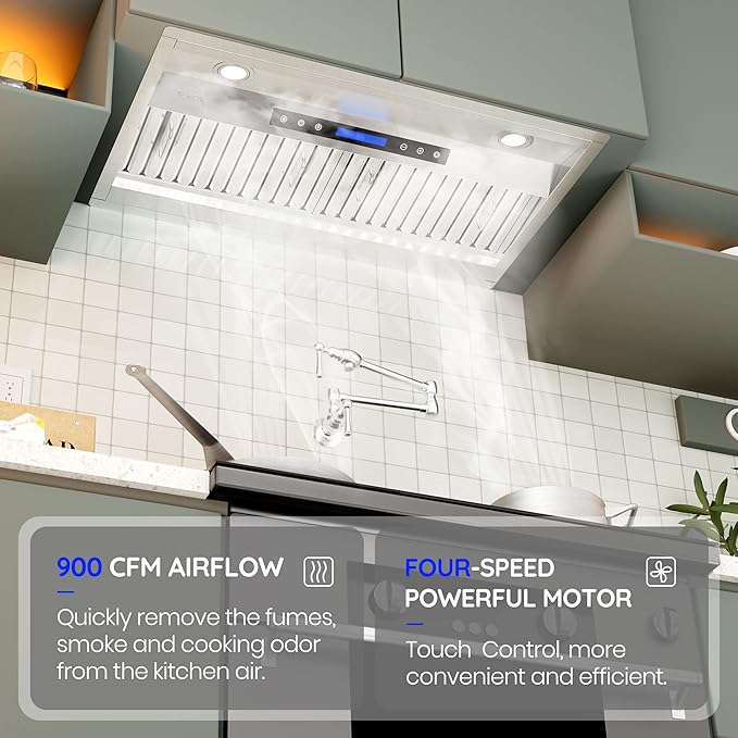EKON NAB02-36" 900CFM Range Hood Insert, Ducted/Ductless Convertible Built-in Range Hood with Remote/4-Speed Touch Control LCD Display,Adjustable Leds for Over Kitchen Stove