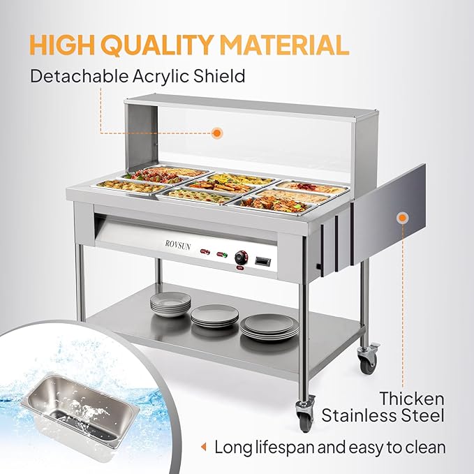 ROVSUN 72QT Electric Commercial Food Warmer 1500W, 9-Pan Steam Table 8QT/Pan Stainless Steel Bain Marie w/Acrylic Shield Overshelf Undershelf Temperature Control & Lid for Buffet Restaurant 110V