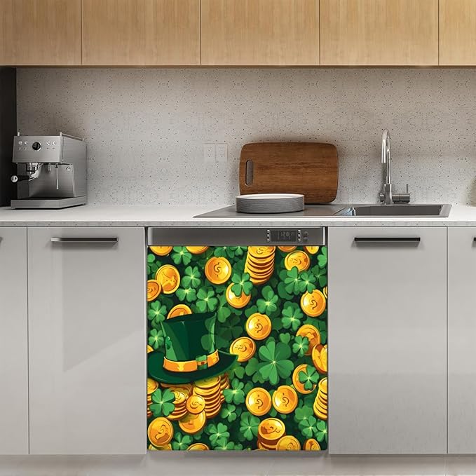 Hat Gold Coin Clover Glow Dishwasher Magnet Cover, Reusable Refrigerator Panel Stickers Microwave Front Door Covers Magnets for Kitchen Home Appliances Holiday Party Decorations 23 X 26 in
