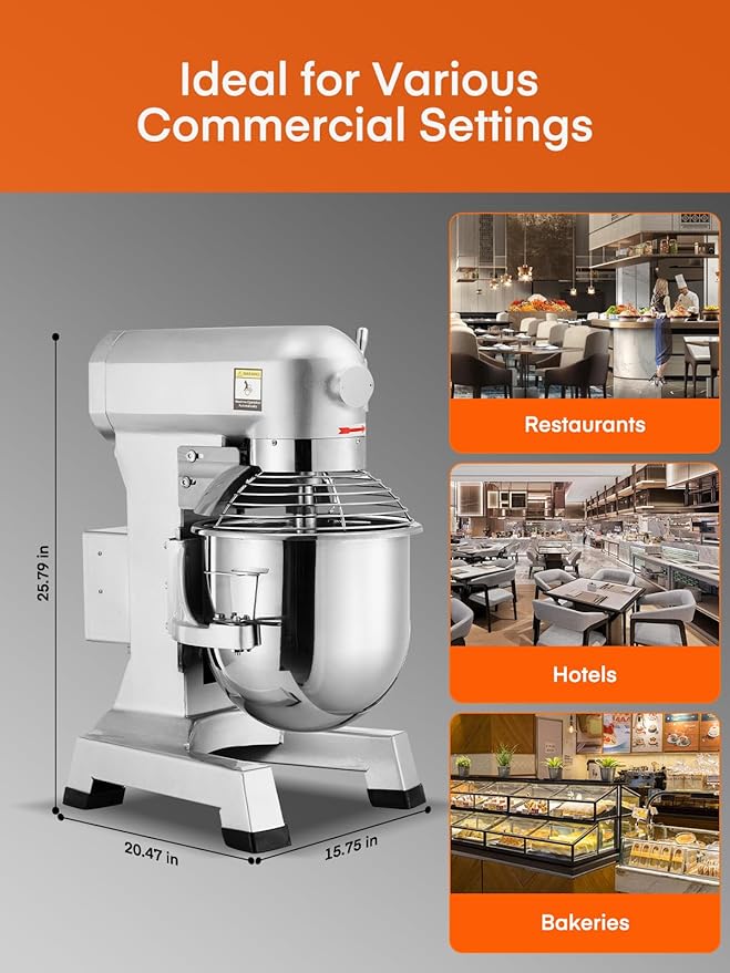 Commercial Mixer, 15/30QT Commercial Food Mixer, Dough Mixer with Stainless Steel Bowl, 3 Speeds Adjustable and Safety Guard, Dough Hook Whisk Beater Included, Ideal for Bakery Pizzeria (15QT)