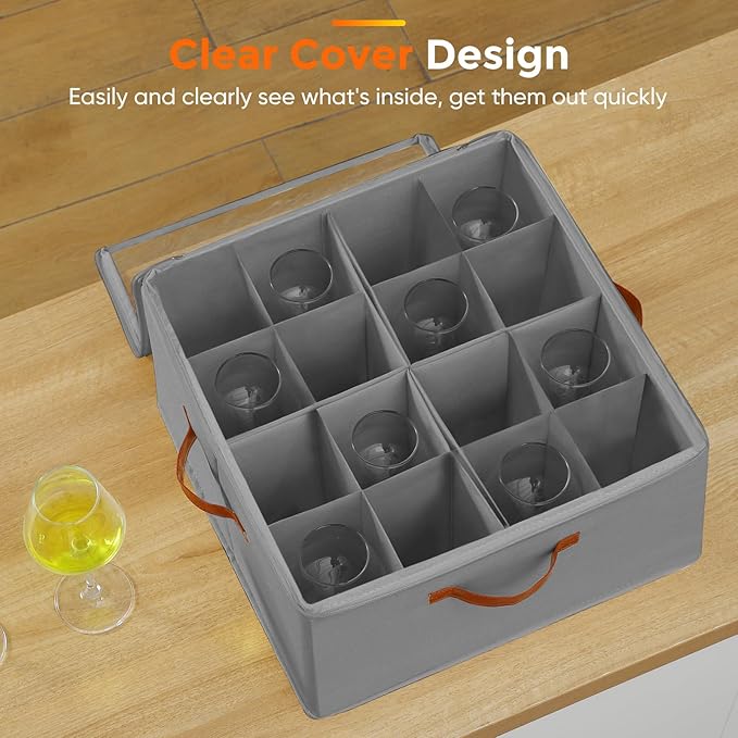 Wine Glass Storage Box with Dividers, 2 Pack Glassware Storage Containers, Stemware Storage Cases Holds 32 Wine Glasses, Stackable Crystal Storage Containers with Clear Cover for Moving，Gray