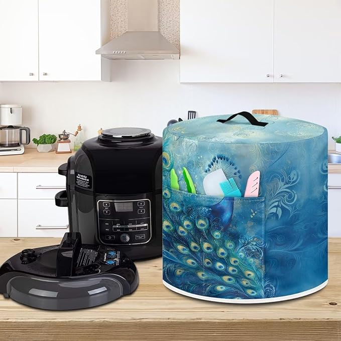 Xoenoiee Peacock Pattern Kitchen Appliance Dust Covers with Pockets, Electric Pressure Cooker Cover for 8qt Compatible with Crock Pot, Rice Cooker Cover, Large