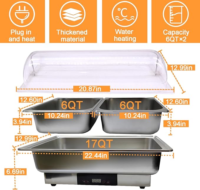 Electric Chafing Dish, 12 QT Full Size Buffet Servers and Warmers with Temperature Control Display Stainless Dish Set Pan for Catering Food Warmer for Catering Parties