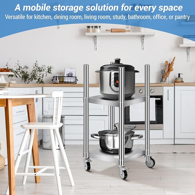Shimeyao 14" x 14" x 31" Rice Warmer Stand Stainless Steel Rice Warmer Stand with 2 Shelves and 4 Casters Cooking Equipment Storage for Kitchen Restaurant