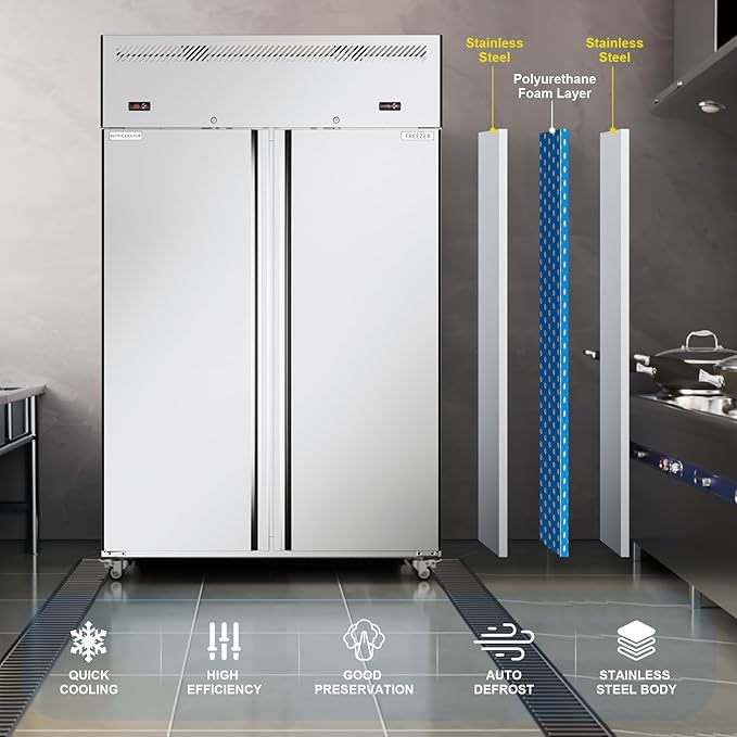 48"W 2 Door Commercial Refrigerator and Freezer Combo 38 Cu.ft Freezer for Restaurant, Bar, Shop Upright, Stainless Steel Reach-in, ETL and DOE Approved