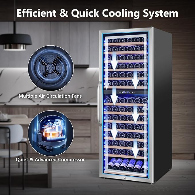 24" Wide Dual-Zone Wine Fridge 154-Bottles, Tall Freestanding/Built-in Wine Cooler Refeigerator, Large Capacity Dual Zone Wine Cellar For Wine Collection, Low Noise and Fast Cooling