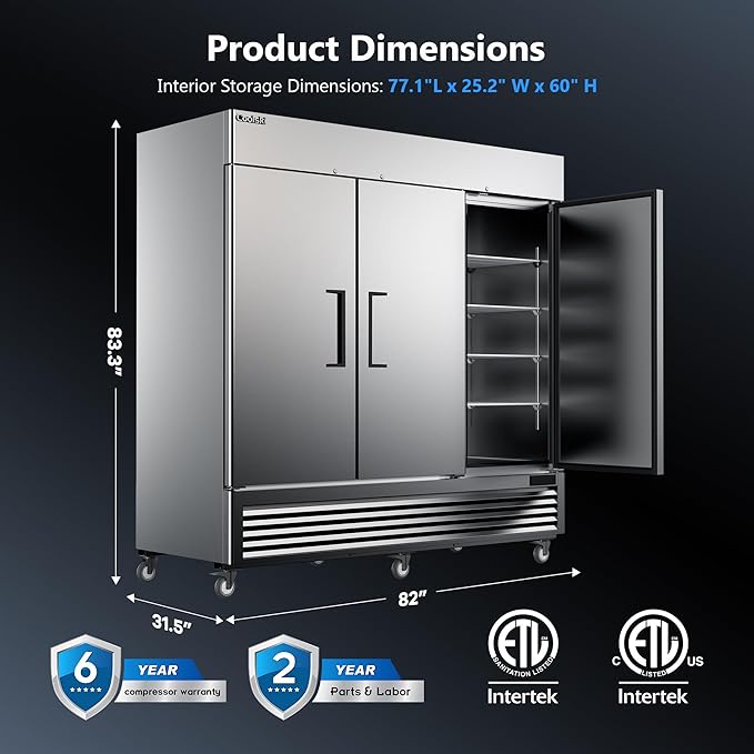 Coolski 82 Inch Commercial Refrigerator 3 Doors, Reach-In Refrigerator Fridge for Restaurants Stores Garages, 72 Cu.Ft. Large Capacity Auto Defrost Fan Cooling, ETL NSF Approved