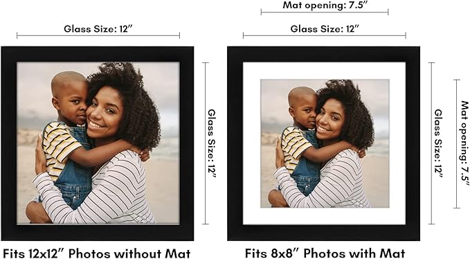 Americanflat 12x12 Picture Frame with Shatter-Resistant Glass - Use as 8x8 Frame with Mat or Display 12x12 Photo Without Mat - Signature Collection - Square Frames for Wall Display - Black