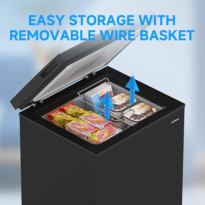 BANGSON 3.5 Cu.Ft Chest Freezer, Compact Deep Freezer with Removable Basket, Adjustable Thermostat, Energy-Saving, Quiet Mini Freezer for Home/Dorm/Apartment/Garage,Black