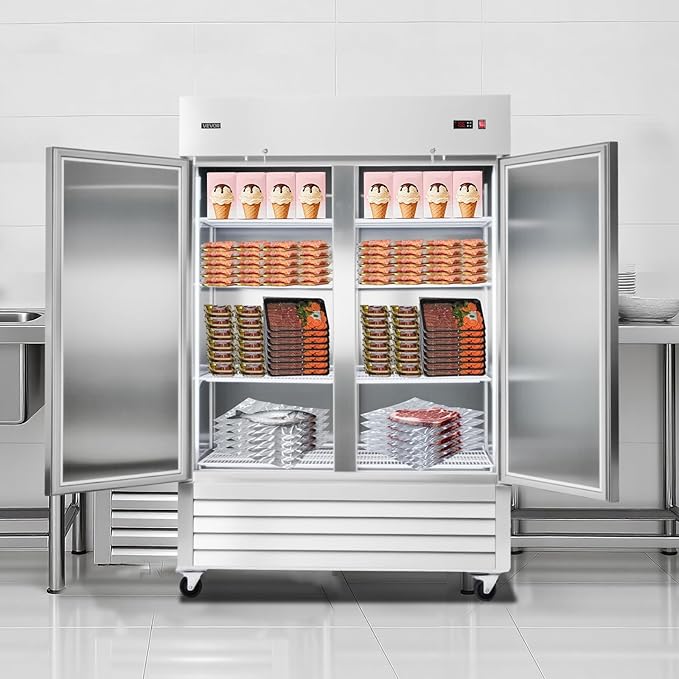 VEVOR Commercial Reach-In Freezer 54" W, 44 Cu.Ft Stainless Steel Upright Freezer with Double Doors, Auto-Defrost, 8 Adjustable Shelves, -11 to 14℉ Temp Control, ETL Certified
